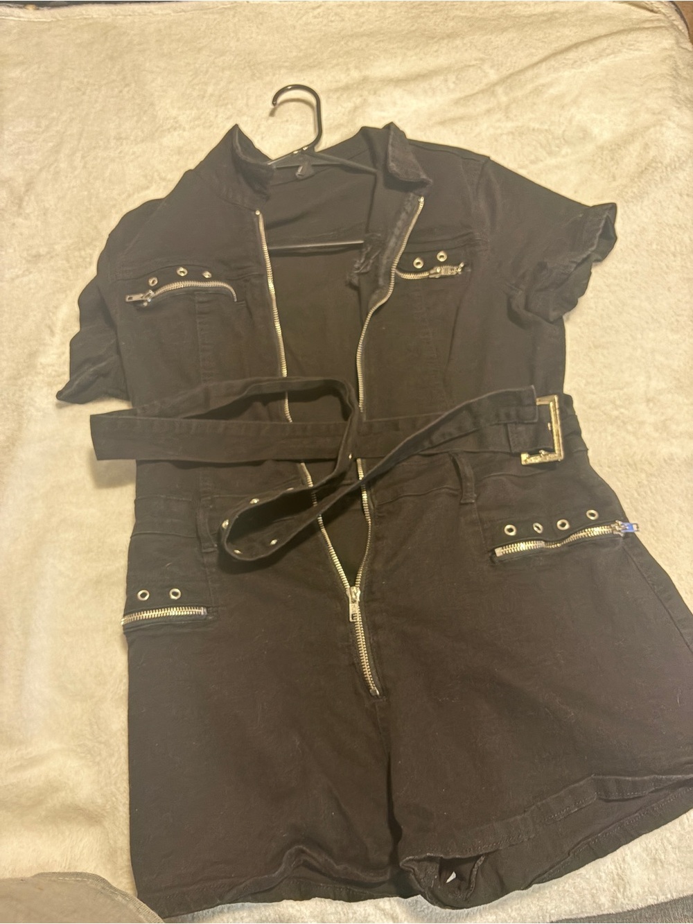 Black Zip-Front Short Romper with Belt
